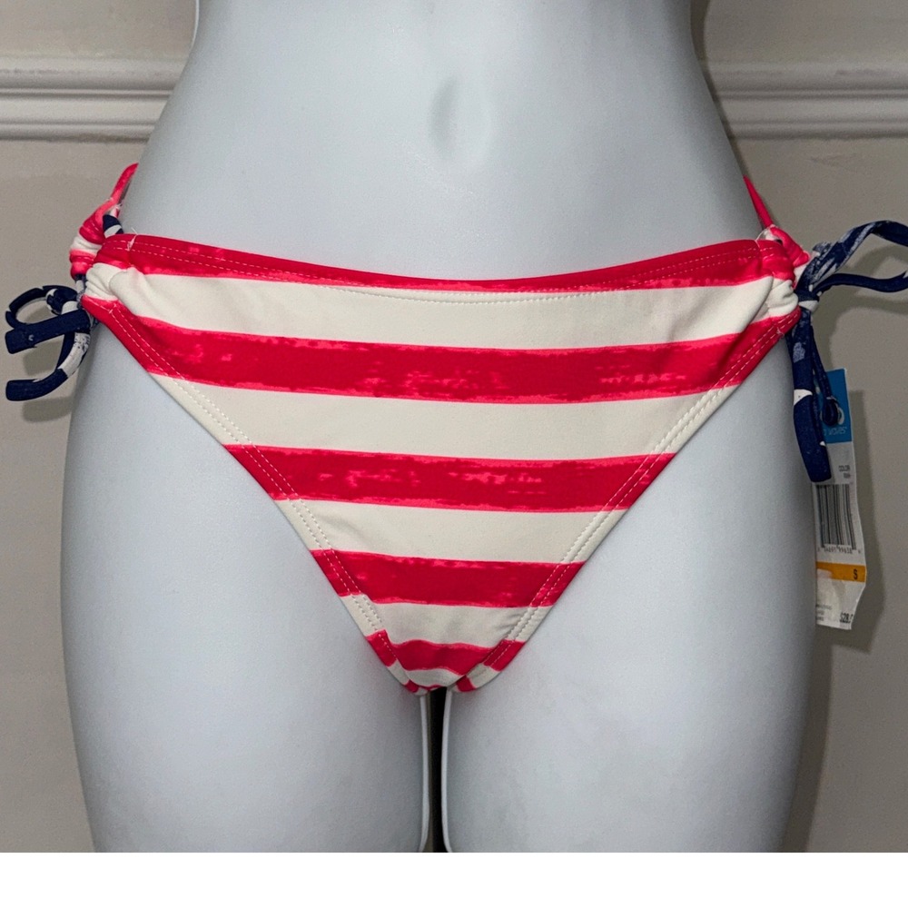 California Waves Womens Red White Striped Side Tie Bikini Bottom MY15307B Small